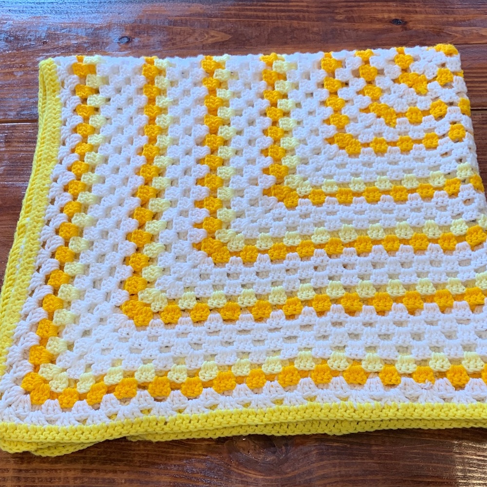 Handmade Yellow and White Crochet Blanket
